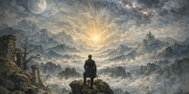 Das Bild ist eine moderne Interpretation, das stark von Caspar David Friedrichs berühmtem Gemälde "Der Wanderer über dem Nebelmeer" aus dem Jahr 1818 inspiriert ist.Die Szene zeigt eine Figur in Rückenansicht, die auf einem Felsvorsprung über einer nebligen Berglandschaft steht.